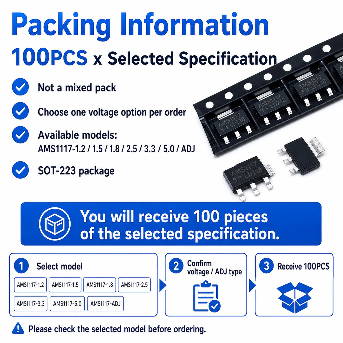 100PCS AMS1117 LM1117 SOT-223 LDO Linear Voltage Regulator IC 1.2V 1.5V 1.8V 2.5V 3.3V 5V ADJ