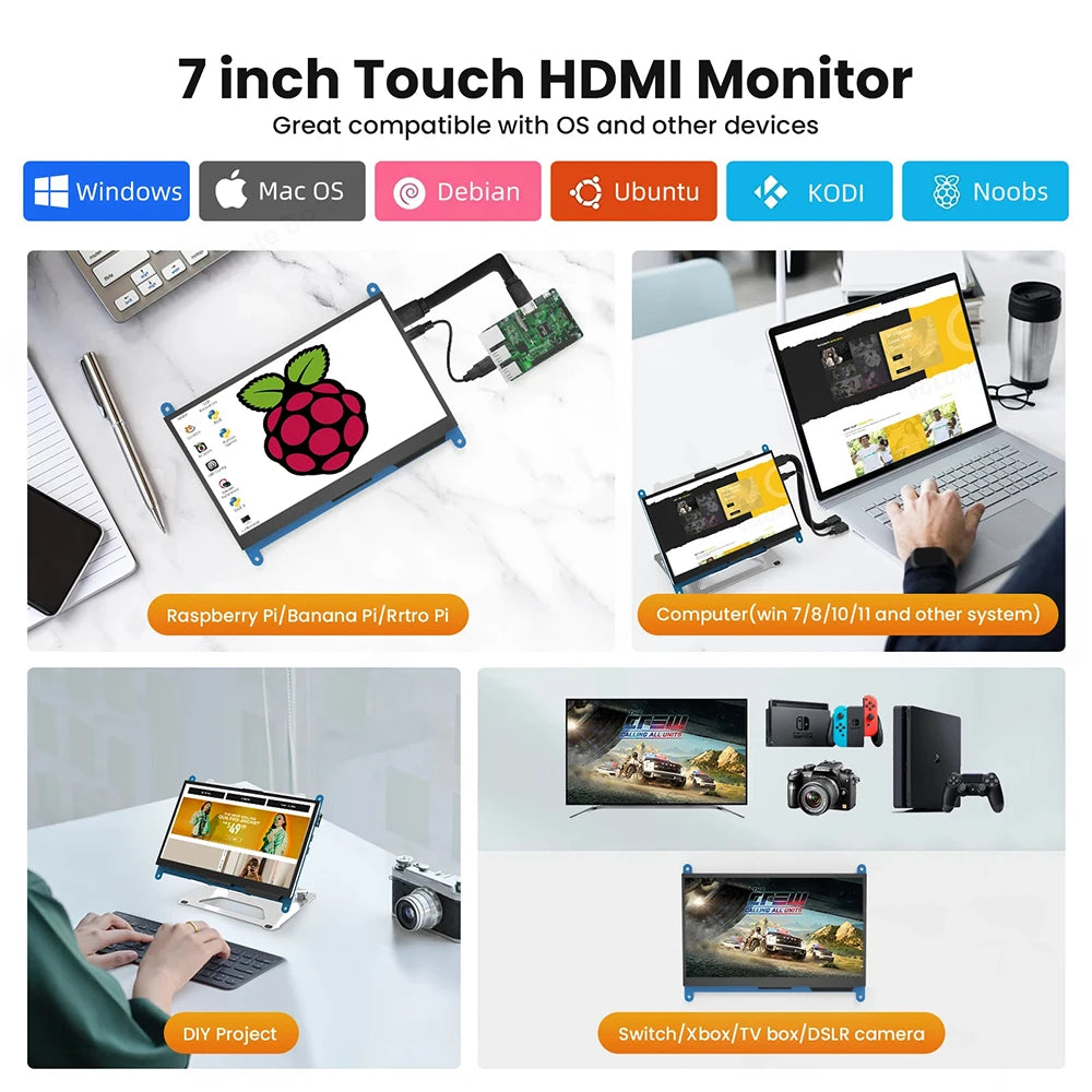 Eyoyo 7-inch Capacitive Touchscreen Monitor 5-points 1024x600 HD IPS Display Support Raspberry Pi 4/3/2/1/B/B+/A+ For Win 10/8/7