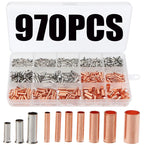 970pcs Copper Connecting Pipe Wire Joint Small Copper Tube Terminal Cable Lug Bootlace Ferrule Kit With Heat Shrink Tube Plier