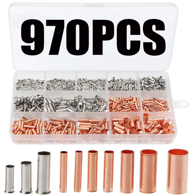 970pcs Copper Connecting Pipe Wire Joint Small Copper Tube Terminal Cable Lug Bootlace Ferrule Kit With Heat Shrink Tube Plier