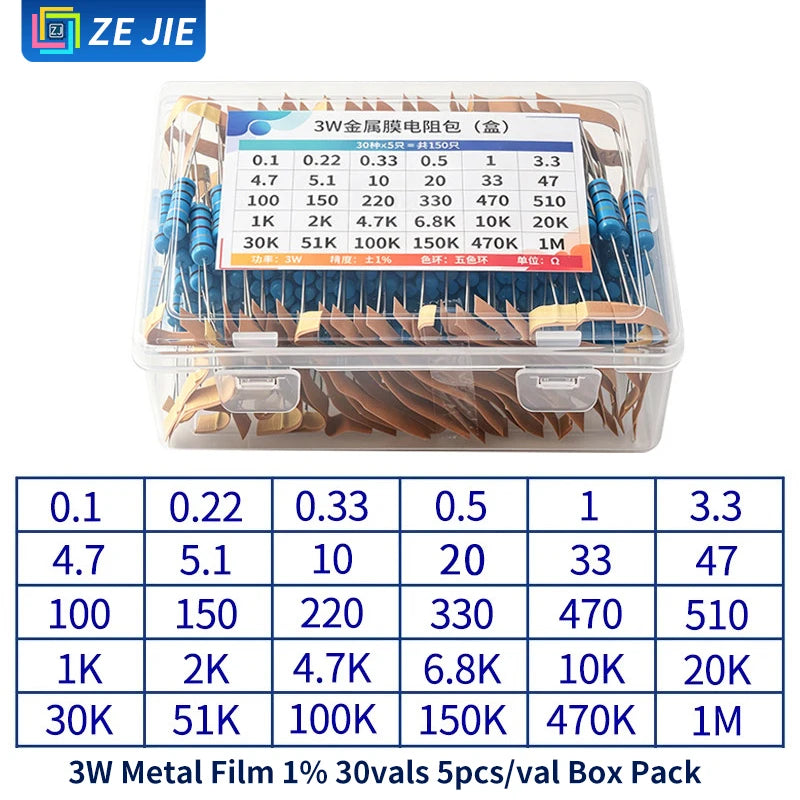 1/4W Metal Film Resistor Assortment Kit, 1/2W 1W 2W 3W 5W Through Hole Electronic Components Pack, 30/41/130 Kinds 1% Tolerance