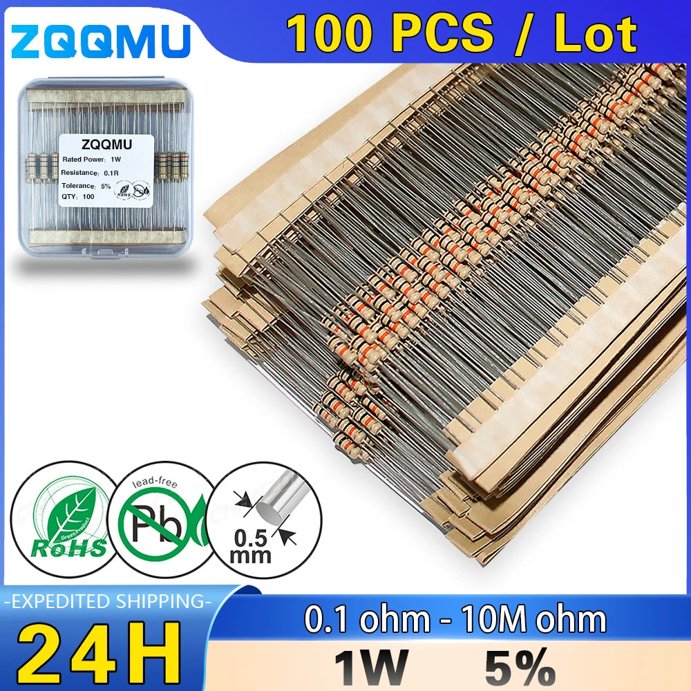 100Pcs 1W Carbon Film Resistor 5% 1R ~ 10M 10R 100R 220R 330R 470R 1K 2.2K 3.3K 4.7K 10K 22K 47K 100K 1M 10 100 220 330 470 ohm