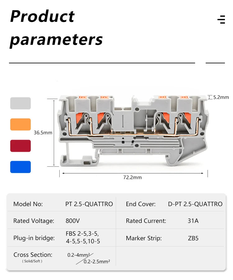 10Pcs PT 2.5-QUATTRO 4-Wire Terminal Block 2.5mm² DIN Rail Spring Clamp Electrical Compact Connections