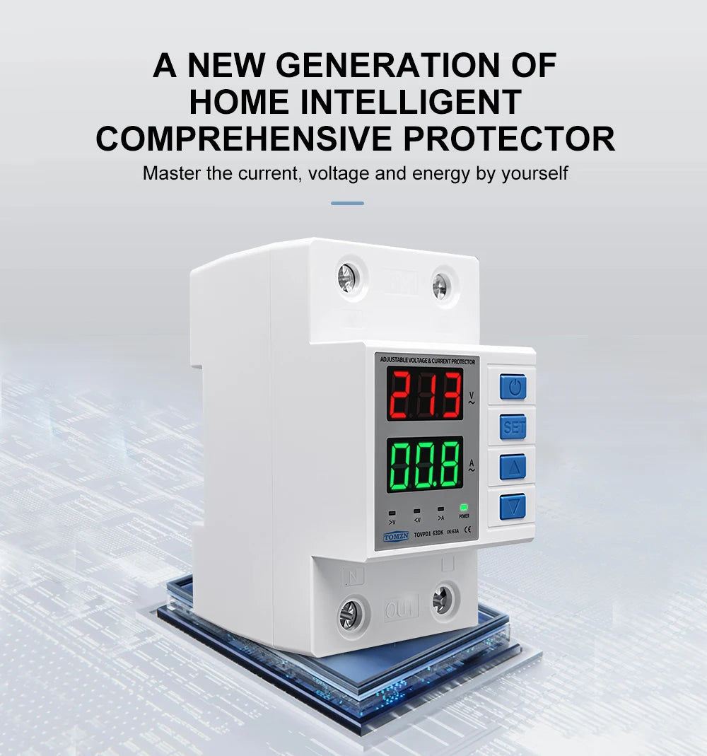 TOMZN TOVPD1-63DK Isolate L N 110V 230V AC Din Rail OVP OCP UVP Voltage Protector 63A Relay Automatic Adjustable Delay-ON