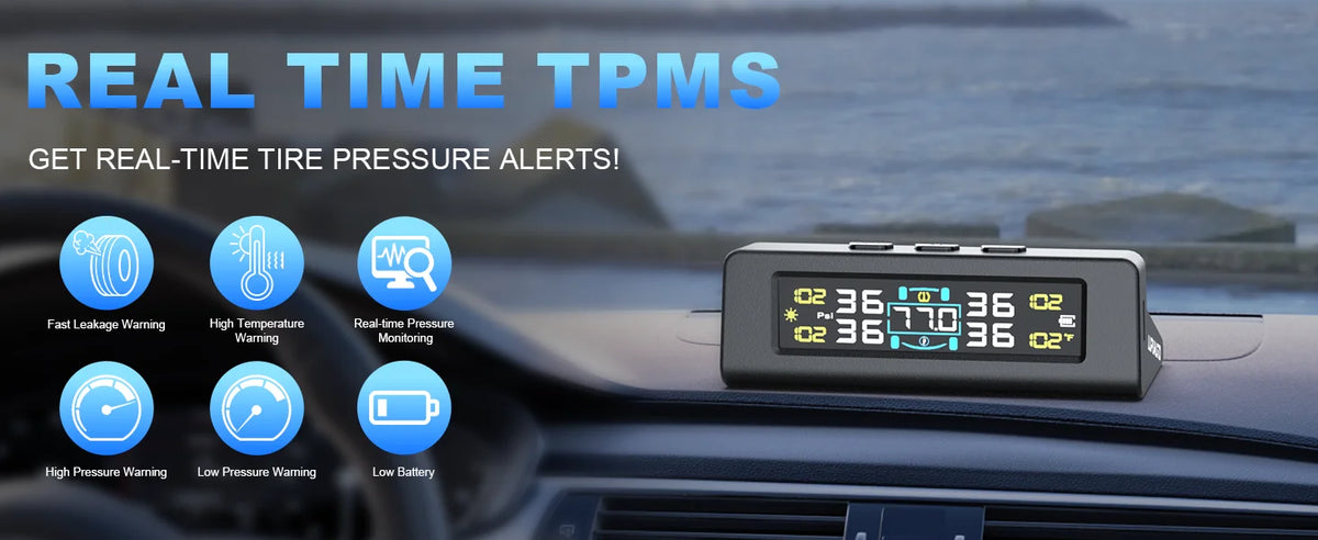 TPMS Solar/USB Charging Digital LCD Display Universal Smart Car TPMS Tyre Pressure Monitoring System 4 Or 6 Sensors Auto Security Alarm Smart Temperature Tire Air Pressure Gauge