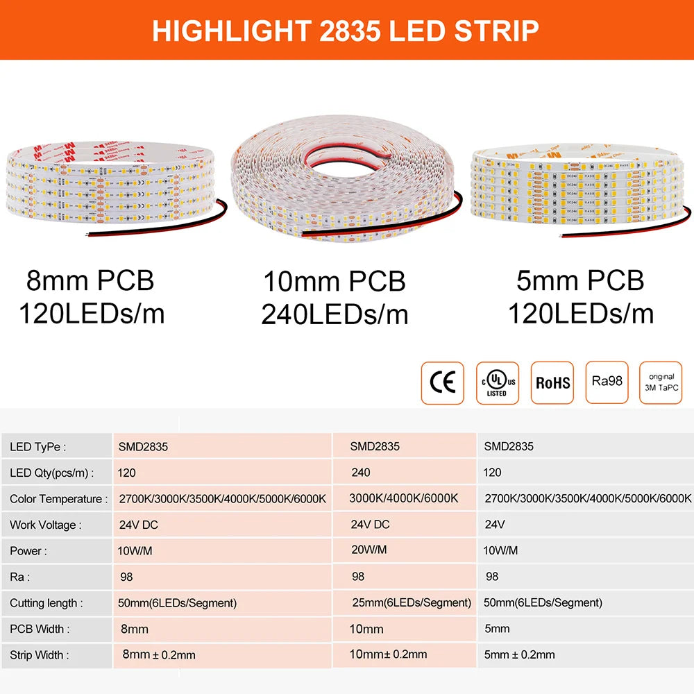 5mm 8mm Led Strip Light RA98 10mm PCB 2700K 3000K 3500K 4000K 5000K 6000K 5m 10m 24V 2835 120 240 LEDs Flexible Tape Lighting