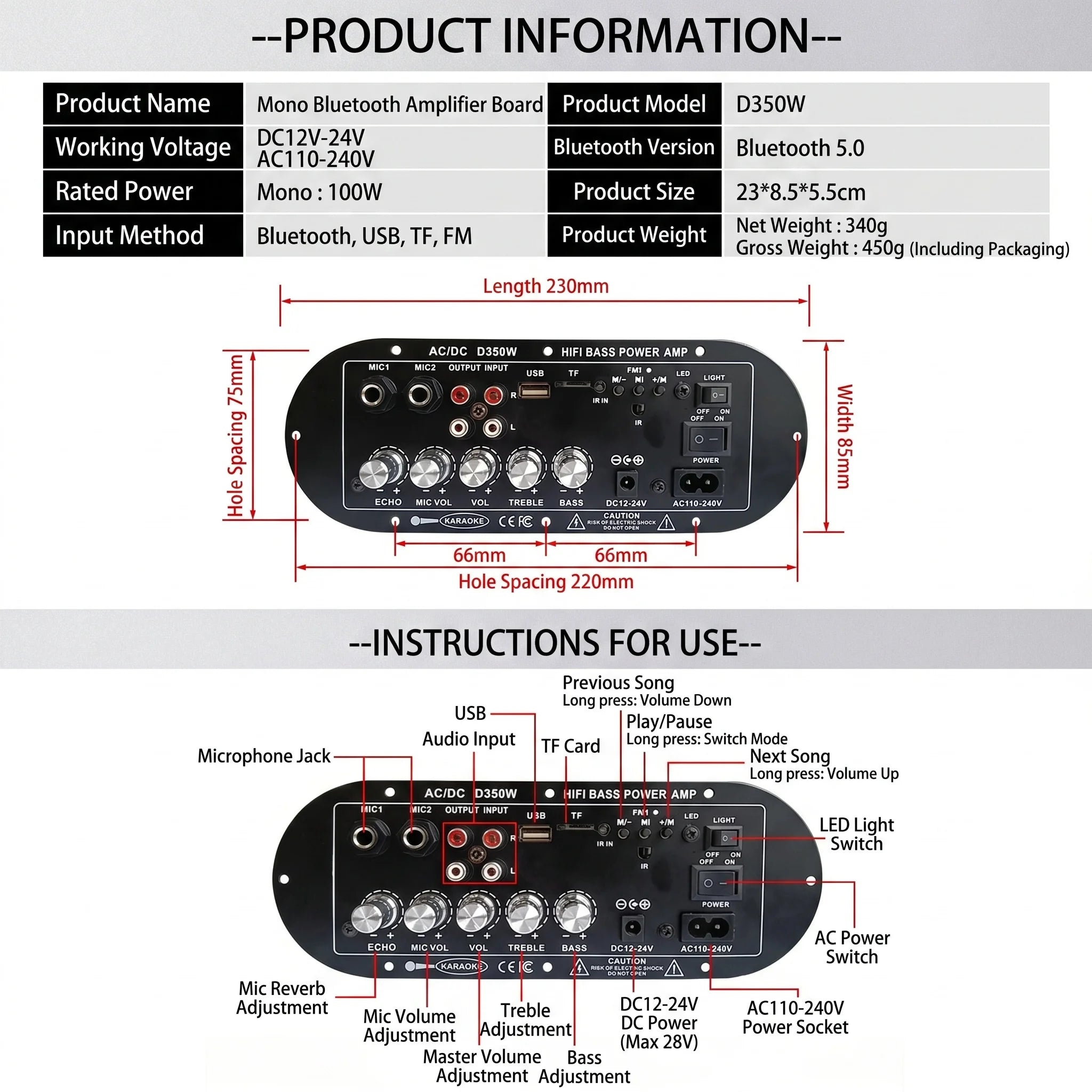 Woopker D350W HIFI Bass Power Amplifier 100W Bluetooth/USB/TF/FM Amplifier board Dual Mic AD/DC Digital Amplifier Board for home