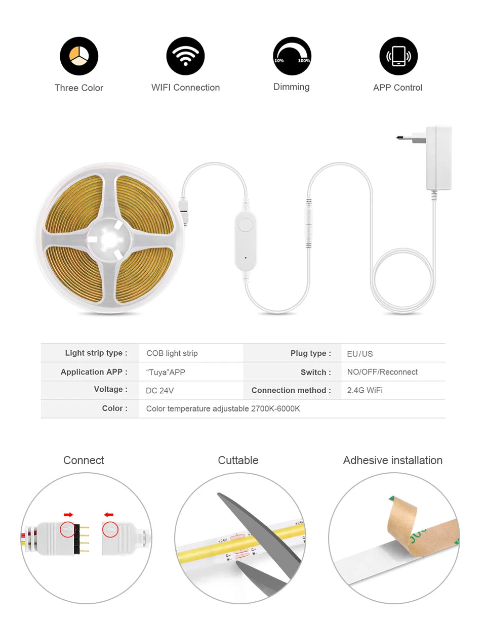 CCT 2700K-6500K Changeable Lamp Tuya Smart Home COB LED Strip Alexa Light Linear LED Tape With Dimmable WiFi LED Dimmer Switch
