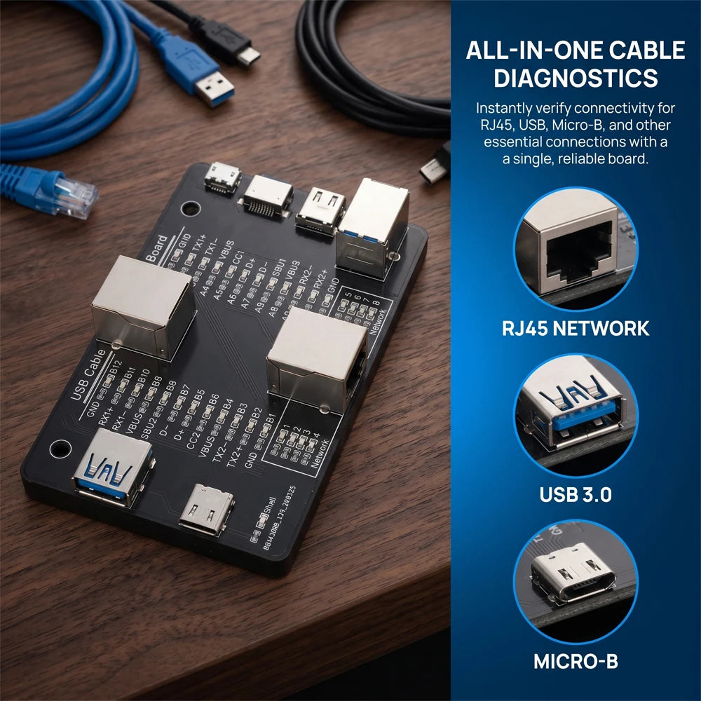 Multifunctional Data Cable Tester USB3.0/3.1/3.2 Type-C 24Pin Cable Detector Support Lightning Micro RJ45 Type-B Cable Test Tool