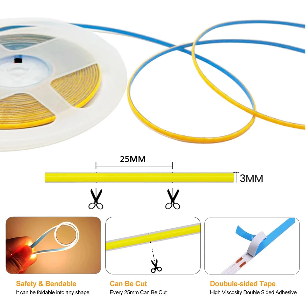 3mm Ultra Thin Led COB Strip USB 5V Flexible Led Strip Lights for Kitchen Room Cabinet Decor TV Mirror Backlight