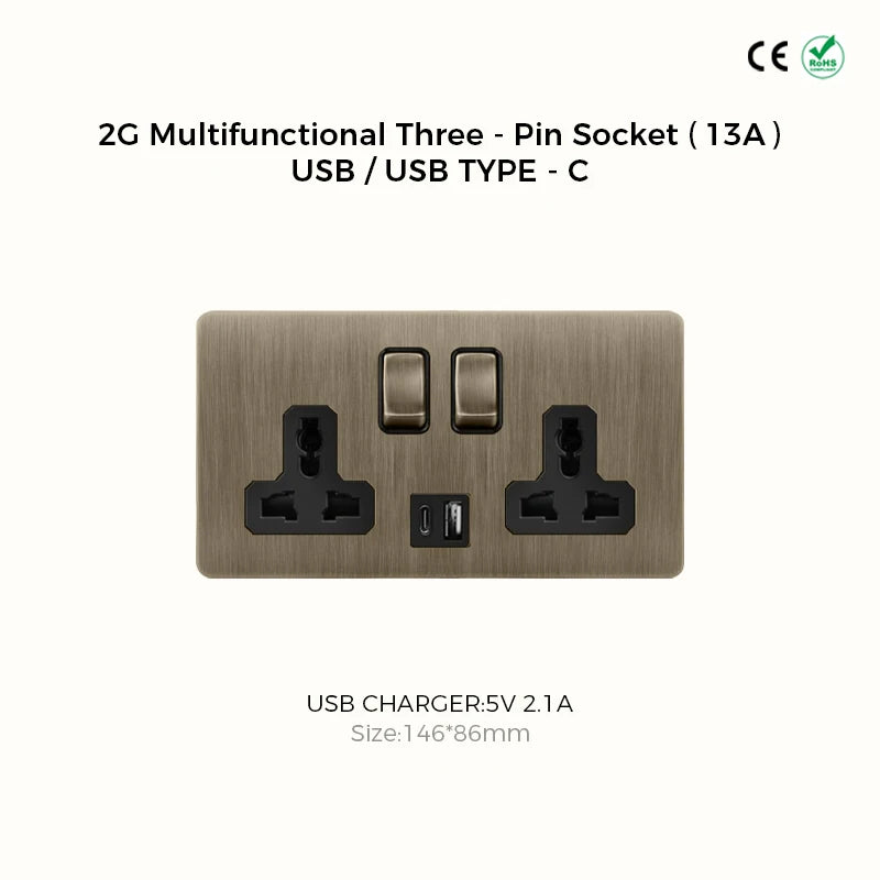 Avoir Bronze Brushed Toggle Switch 1-4 Gang 2 Way Metal Lever Wall Light Switches Standard Plug Adapter Electric Socket With Usb