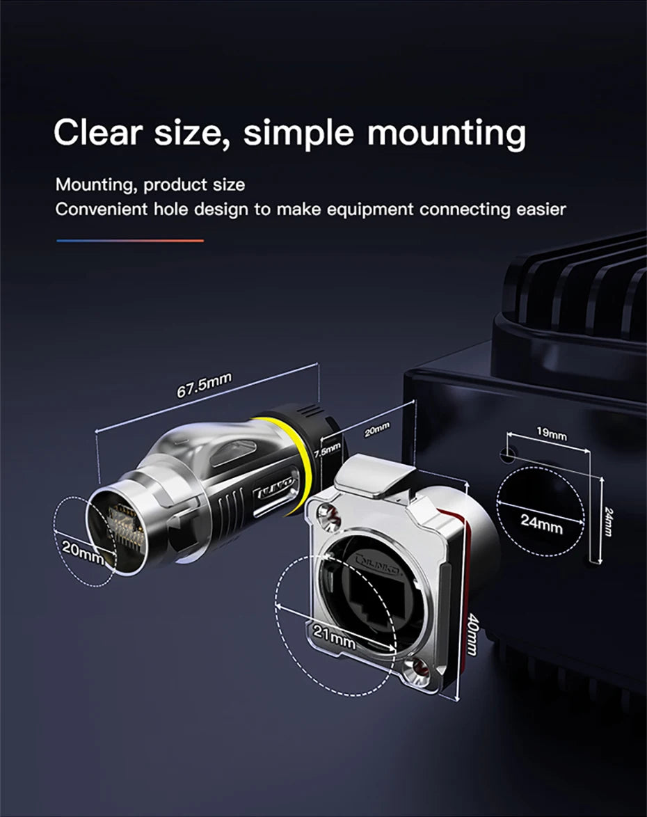 CNLINKO Panel Mount IP68 RJ45 Connector M24 Metal Shell Waterproof Ethernet Port for Industrial Device & Network Cabinet