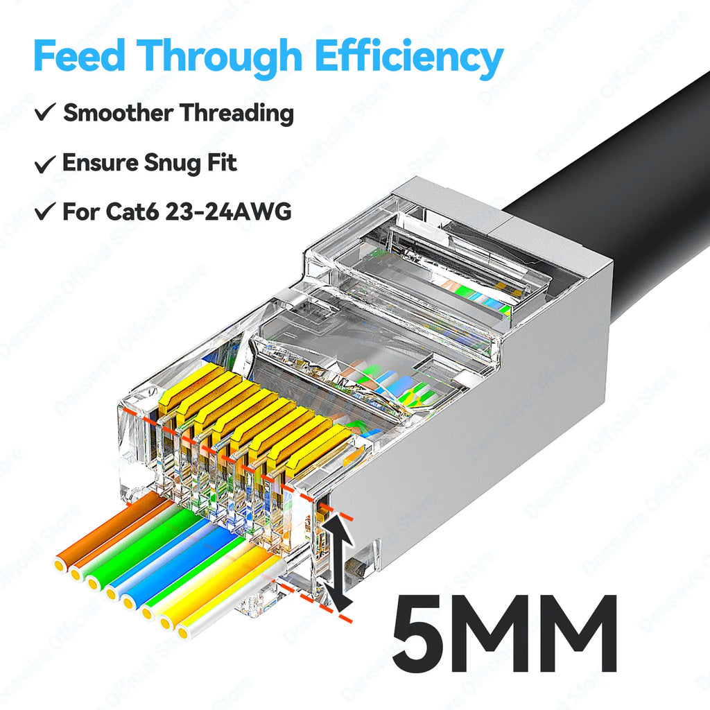Denswire 100PCS CAT6A Cat6 Pass Through 8P8C RJ45 Modular Plug Network Connectors Unshielded/Shielded RJ45 Plug 30μ Gold-Plated
