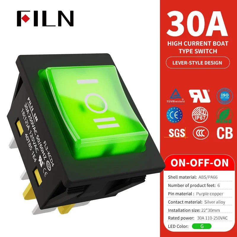 30A/250V Heavy Duty 4 Pin DPST IP67 Sealed Waterproof T85 Auto Boat Marine Toggle Rocker Switch with LED 12V 220V 30x22