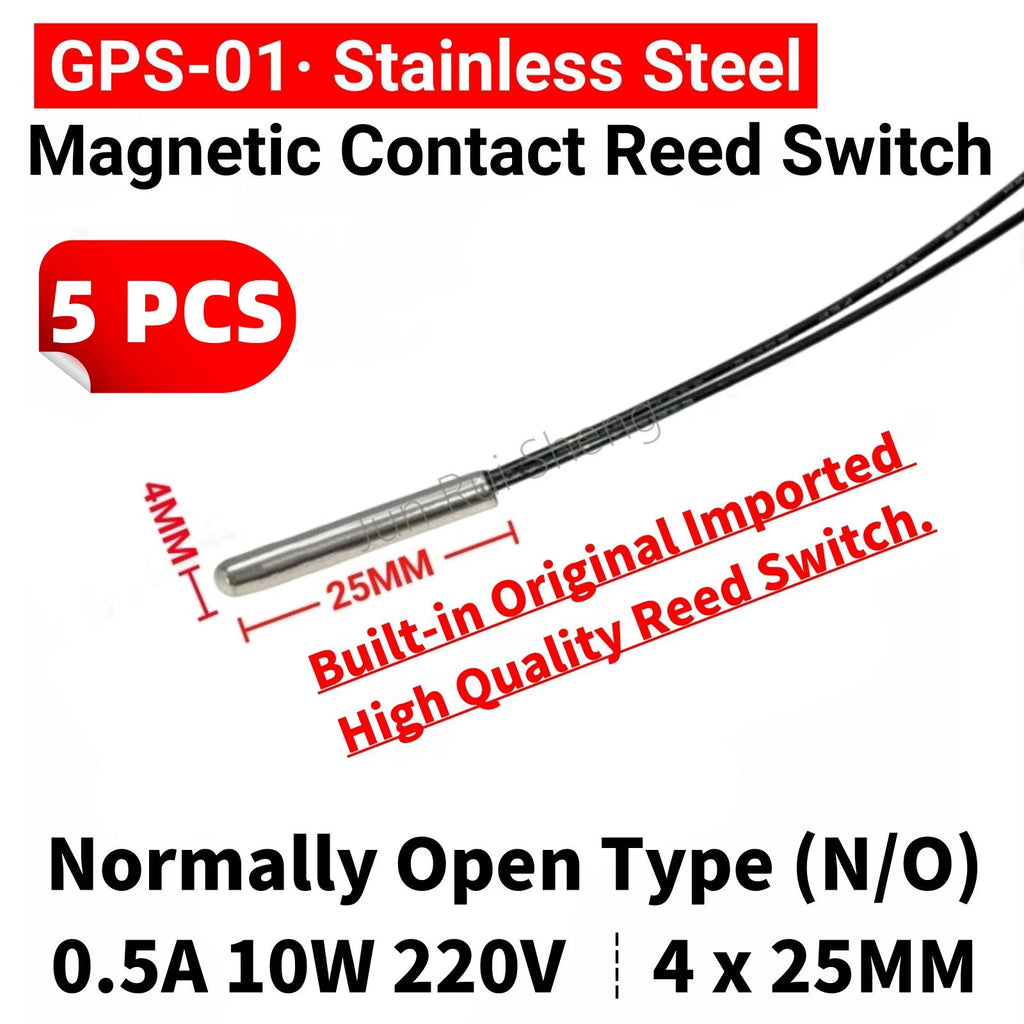 5PCS Stainless Steel GPS-01 Reed Contact Switch Normally Open NO 10W 220V Magnetic Control Tube 25MM Waterproof Induction Sensor