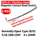 5PCS Stainless Steel GPS-01 Reed Contact Switch Normally Open NO 10W 220V Magnetic Control Tube 25MM Waterproof Induction Sensor