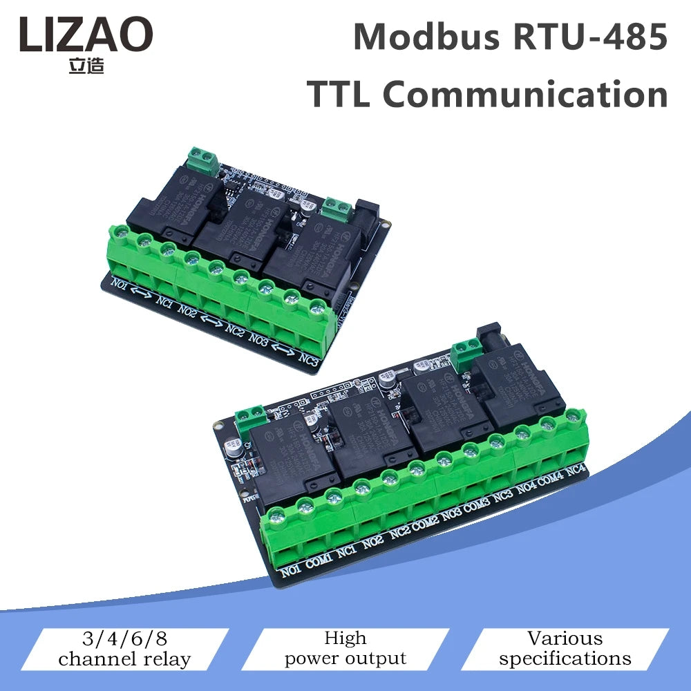 Modbus RTU RS485 TTL Relay Control Module Optional 3/4/6/8 Channel High Power Output Industrial PLC