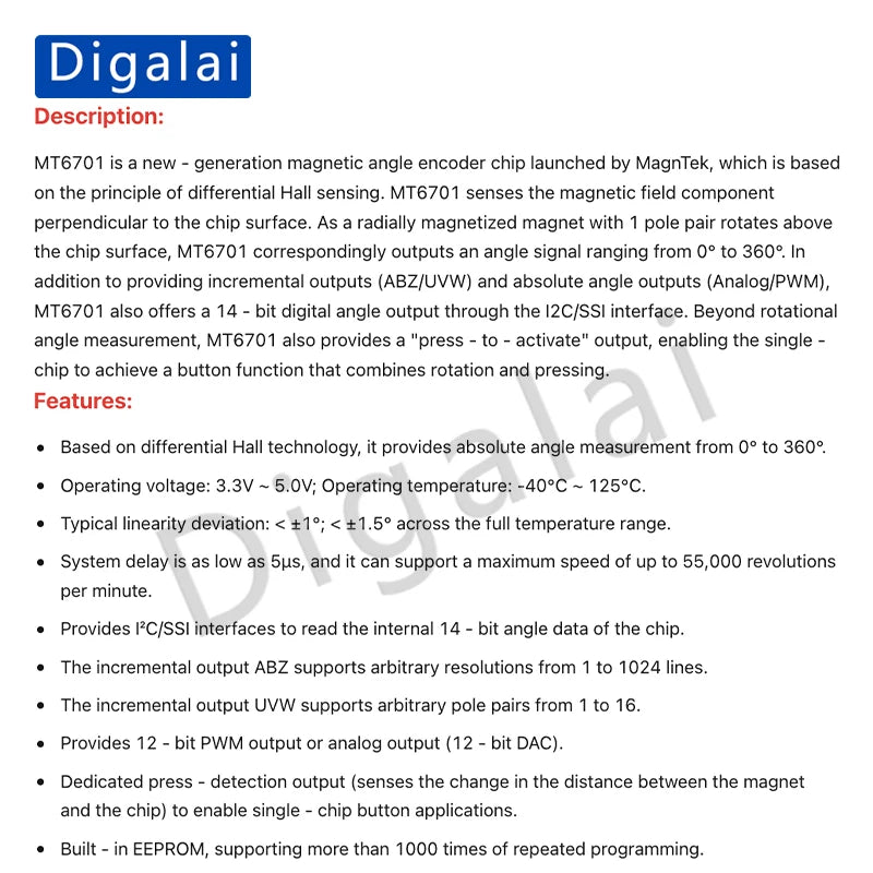 MT6701 Magnetic Encoder Magnetic Inductive Angle Measurement Sensor Module 14-bit High Precision Alternative to AS5600