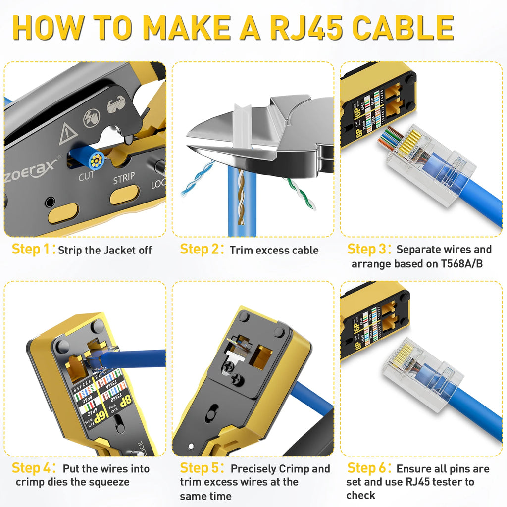 ZoeRax Rj45 Pass Through Crimp Tool Kit, Cat6 Cat6A Cat5 Cat5e Ethernet Crimping Tool Kit with a 8P/6P Ethernet Crimper