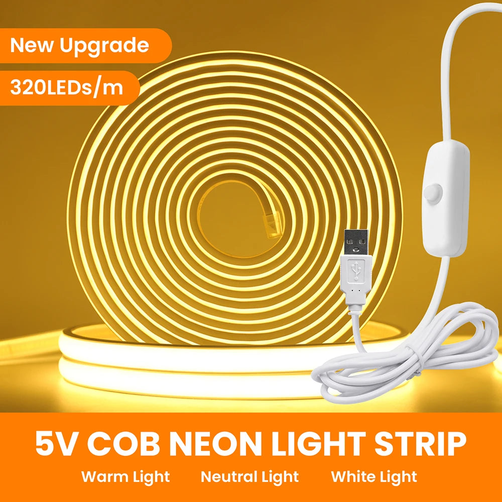 IP68 Waterproof Flexible Neon Rope Light USB COB LED Strip 5V ON OFF Switch 320 LEDs/m Natural Warm White 0.5m 1m 2m 3m 4mm 5m