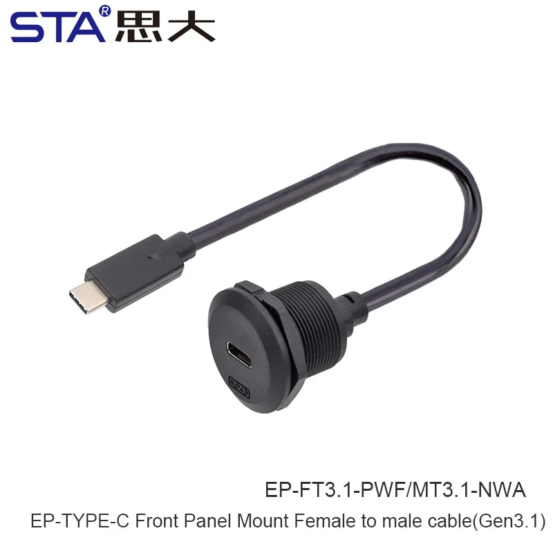 EP-TYPE-C Panel Female Socket 30cm Length with Front Installation Male Straight Plug with Thread USB3.0 Circular Connector USB-A