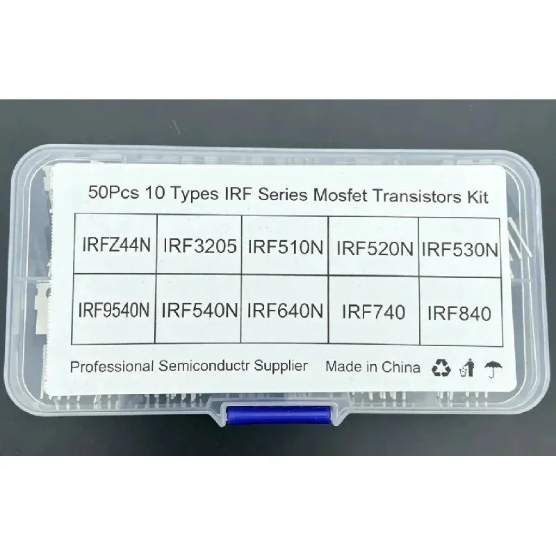 10 Values 50pcs MOSFET Kit TO-220 IRFZ44N IRF510N IRF530N IRF540N IRF640N IRF740 IRF840 IRF3205 IRF9540 Storage Box