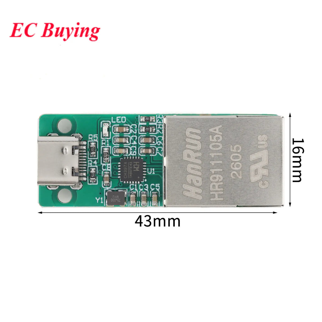 USB to RJ45 Ethernet Interface Module CH397A Type-C to RJ45 Ethernet Adapter Board Compatible USB2.1 IEEE802.3 10Mbps 100Mbps