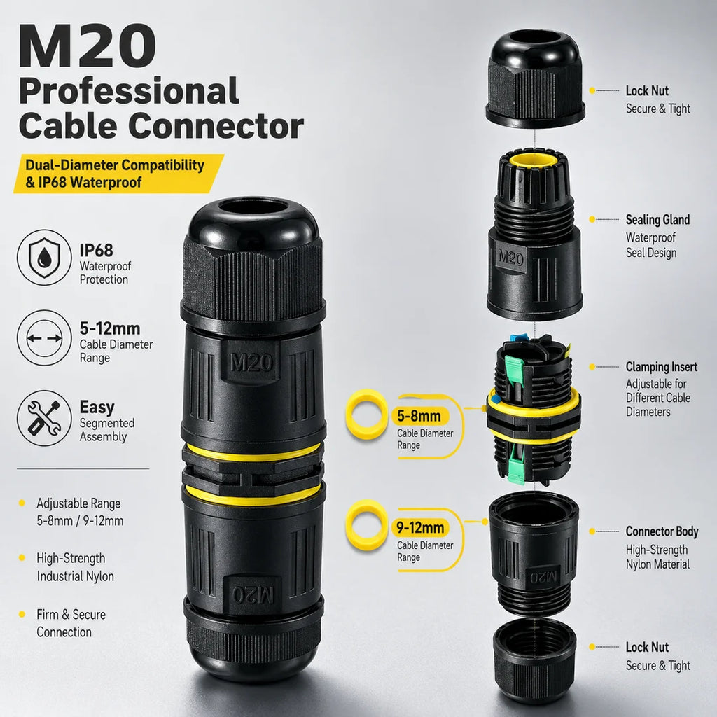 IP68 M20 Waterproof Connector Electric Junction Box 2/3Pin Screw Connection Solderless for 5-12mm Cable,Adapter Terminal Outdoor