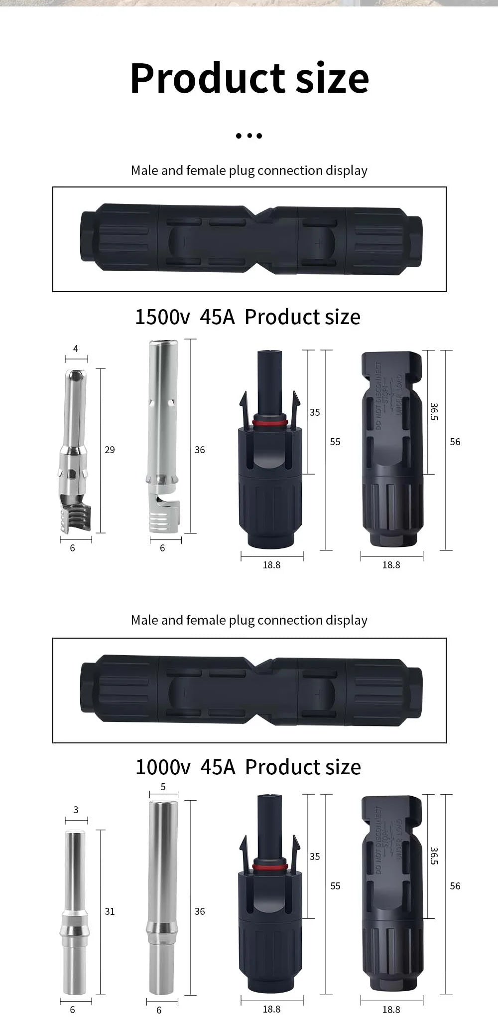 TOMZN 2 Sets of PV Solar Connectors 1000V 1500V 32A 45A Panel Branch PV Photovoltaic Wire/Board Terminal Box Inverter IP67 10LOT