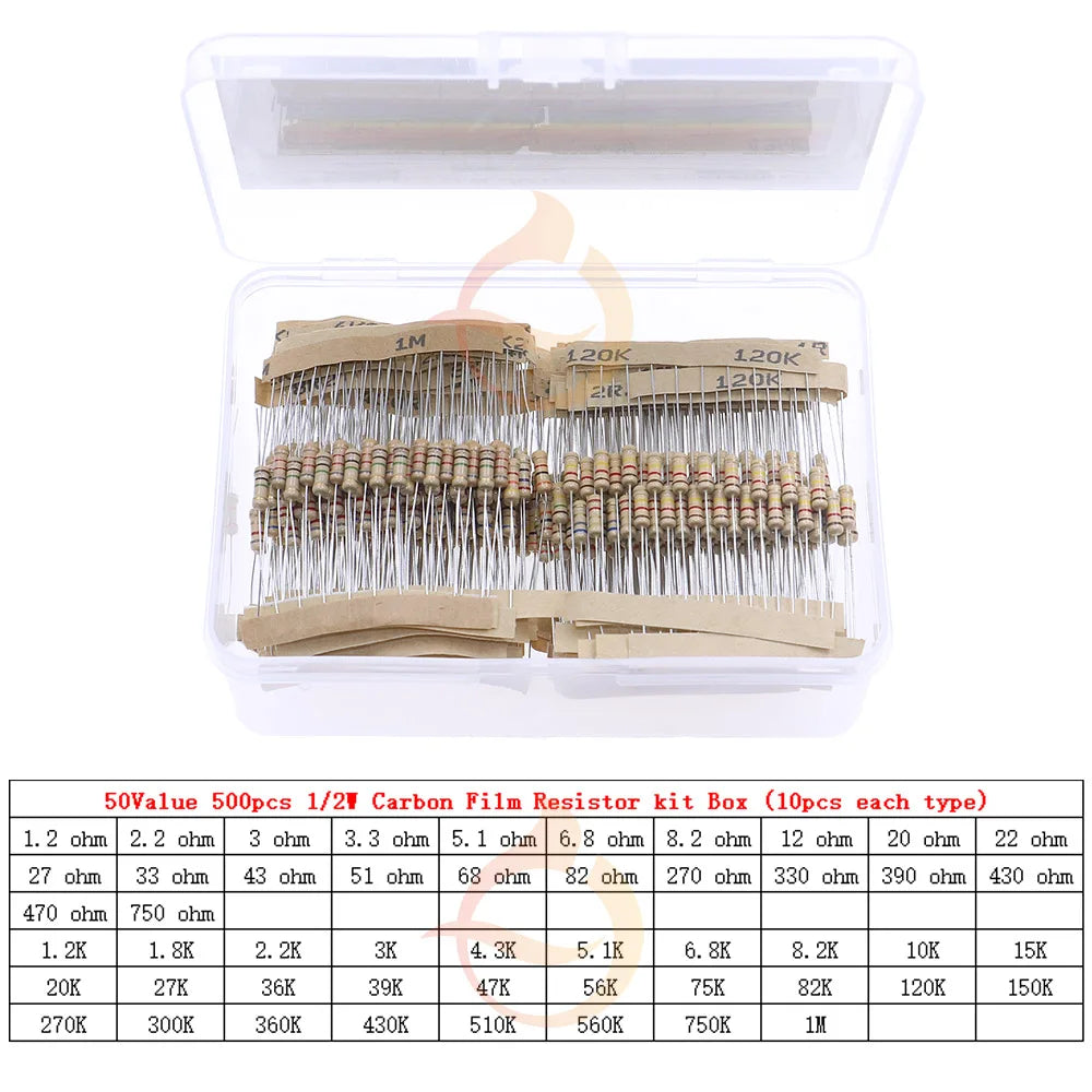 1/8W 1/4W 1/2W 1W 2W 3W 5W  5% 0 Ohm-10m ohm Carbon Film Resistor Assorted Kit With box 1K 2K 5.1K 10K 47K 100K 220K 470K 3M 10M