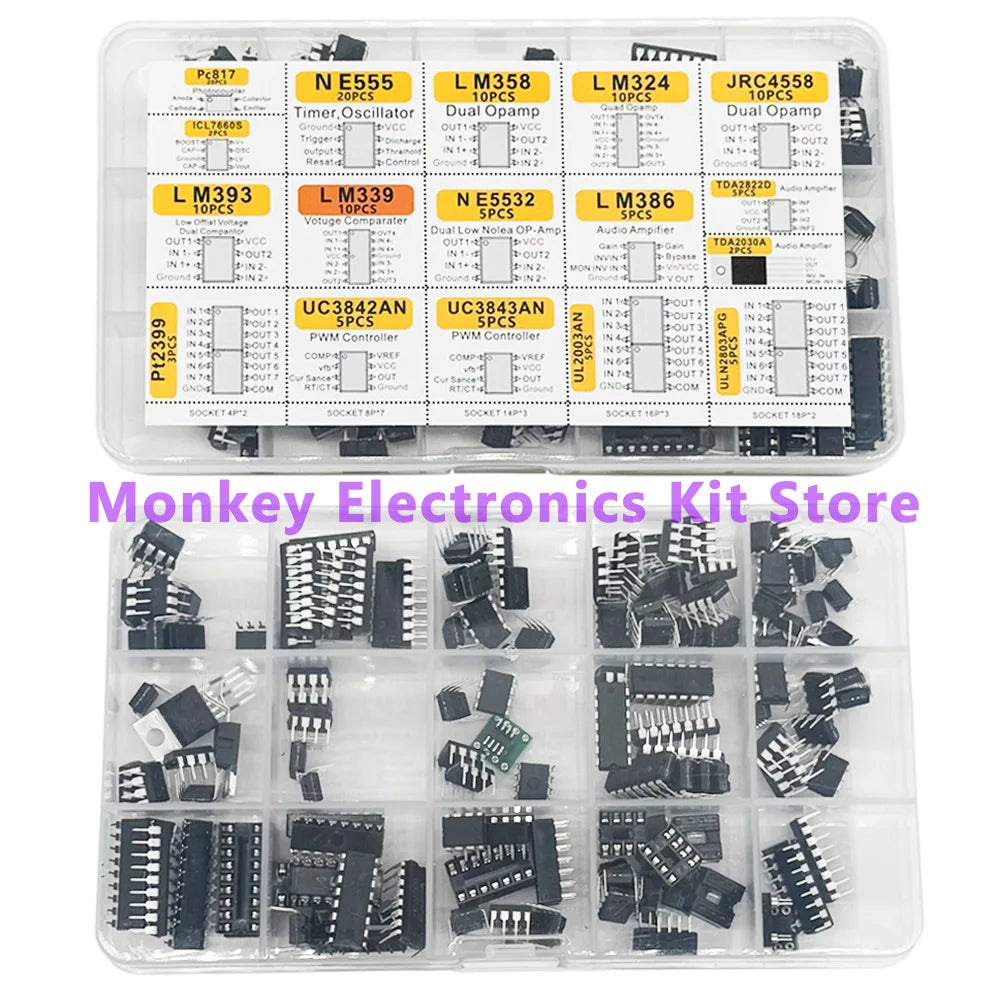 150pcs DIP Integrated Circuit Chip Assorted IC Box Set Amplifiers LM358 JRC4558 LM393 ICL7660 NE555 for Electronics Projects