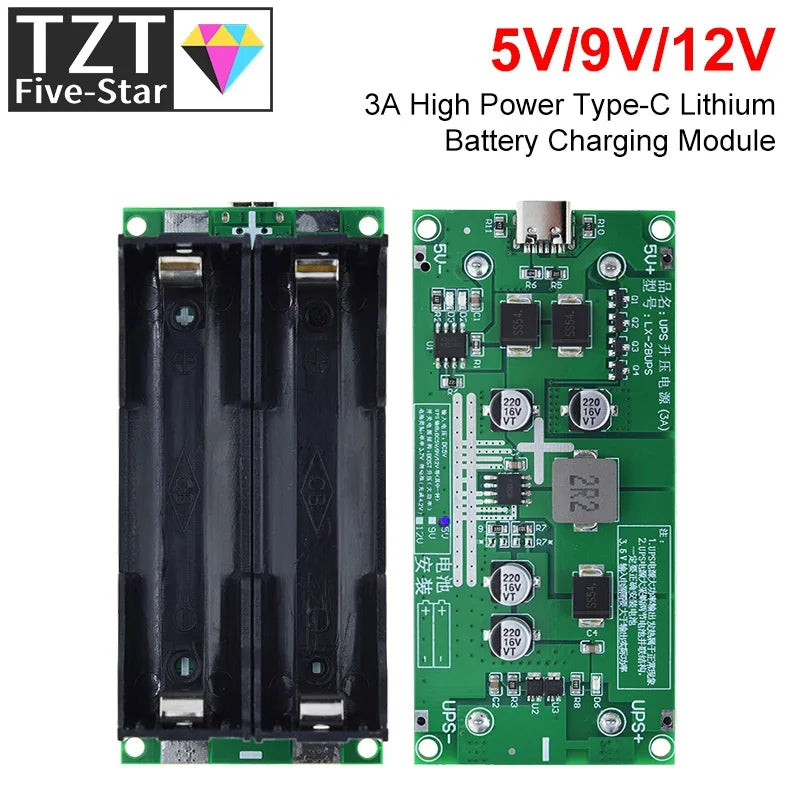 TZT Type-C 15W 3A Fast Charge UPS Power Supply / 18650 Lithium Battery Charger Module DC-DC Step Up Booster Converter 5V 9V 12V