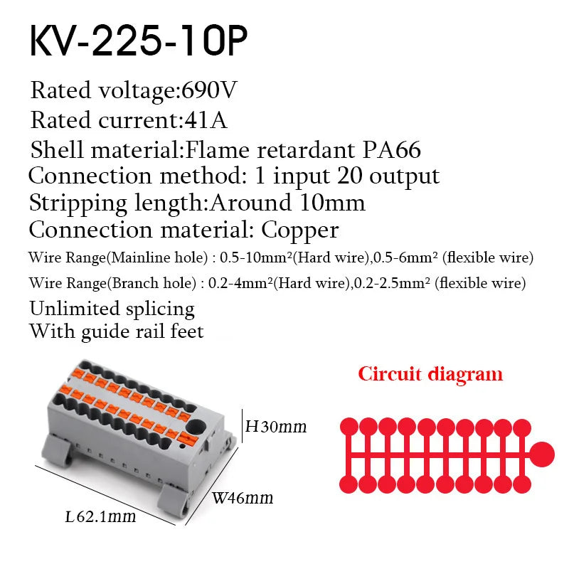 1PC 225 Series Terminal Block One In Multiple Out Wire Electrical Connectors Plug-in Spliceable Splitter Guide Rail Junction Box