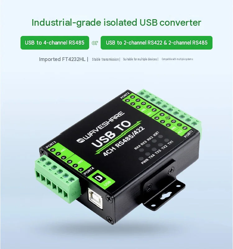 Industrial Isolated 4Ch USB to RS485 422 Converter Wall DIN Rail Mountable