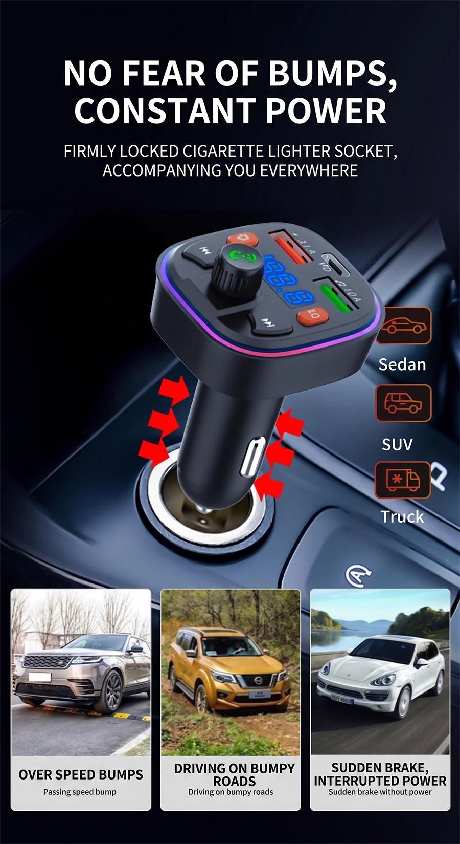 Wireless Car Bluetooth 5.0 FM Transmitter Radio Adapter RGB Light PD Fast Charger 3 Ports Hands-Free Call Bass Boost MP3