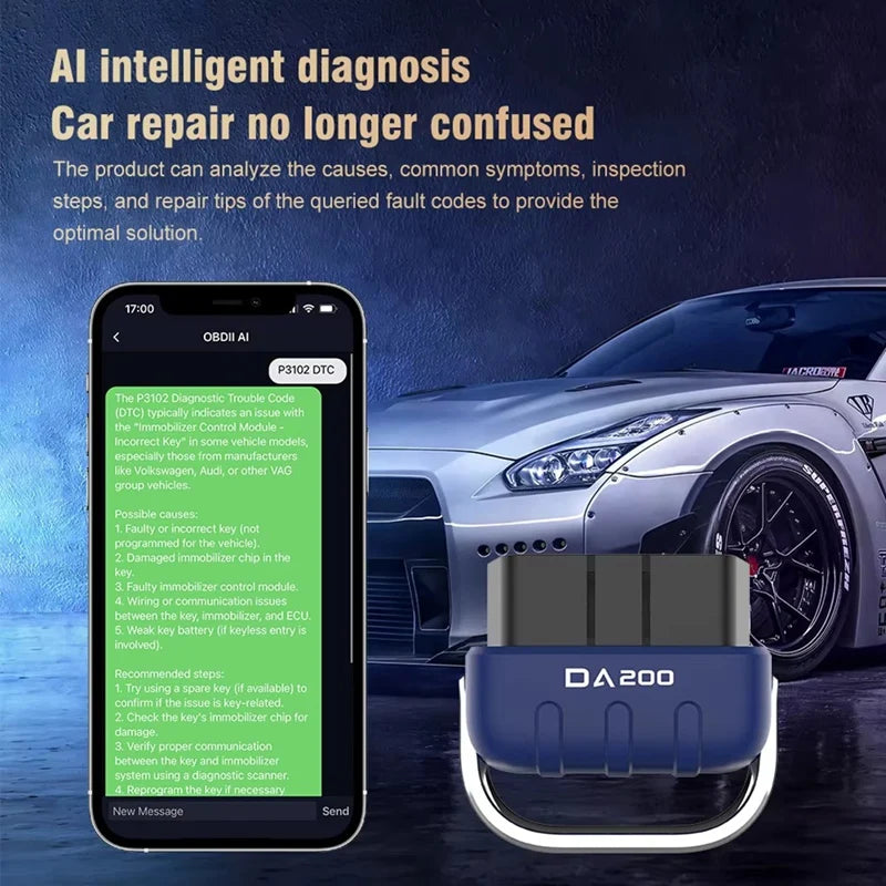 DA200 Auto OBD II Read Card Tool BLE Bluetooth 4.0/5.4 OBD2 Car Diagnostic Scanner 25K80 Chip Fault Coder Free APP-ABFB