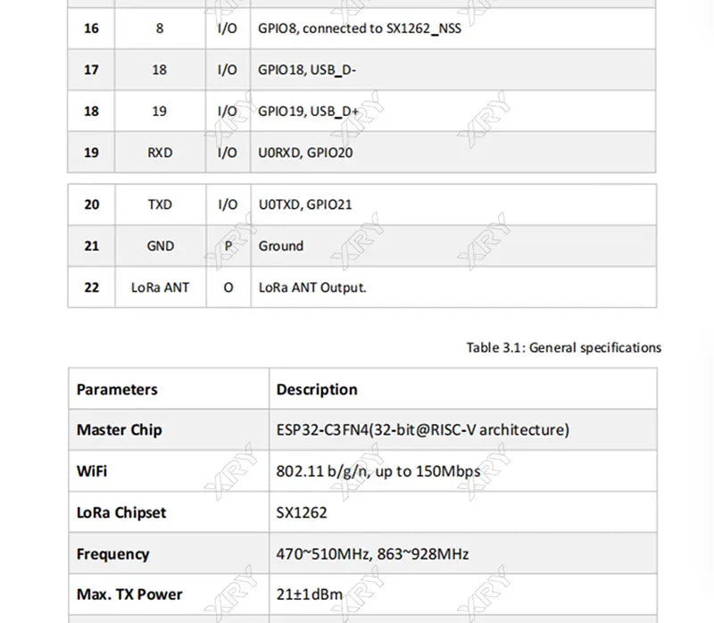 XRY 1PCS HT-CT62 ESP32C3 SX1262 Bluetooth-compatible BLE LoRa LoRaWAN Node WiFi Wireless Module 433-510MHz 863-928MHz Antenna
