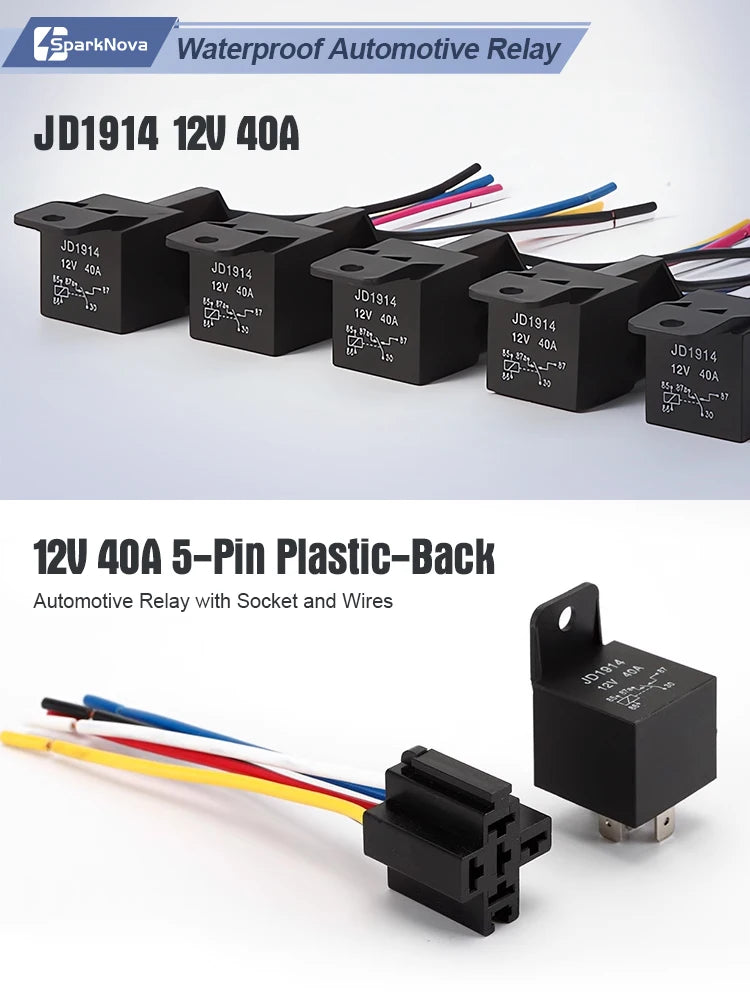 12V 40A 5 Pin Waterproof Automotive Relay with Socket Wire Harness for Car Truck Boat Marine ATV