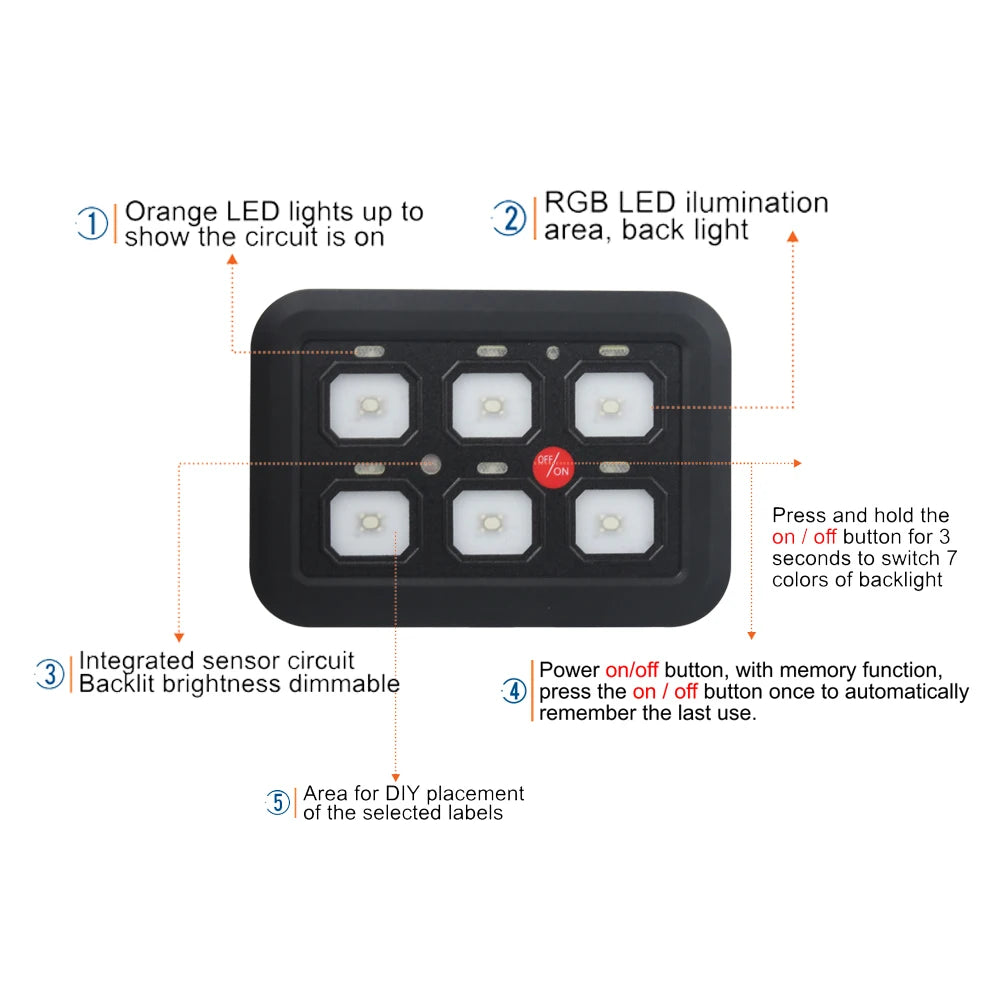 12V LED 6 Gang Switch Panel 600W-1200W Circuit Control Relay System Box Slim Touch Control Panel for Boat Jeep UTV Caravan