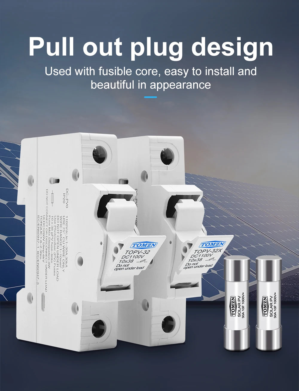 TOMZN 1P 2P DC Fuse Holder 10*38mm High Voltage Solar PV 1100V TOPV-30 Base Photovoltaic System Protection Protector GPV