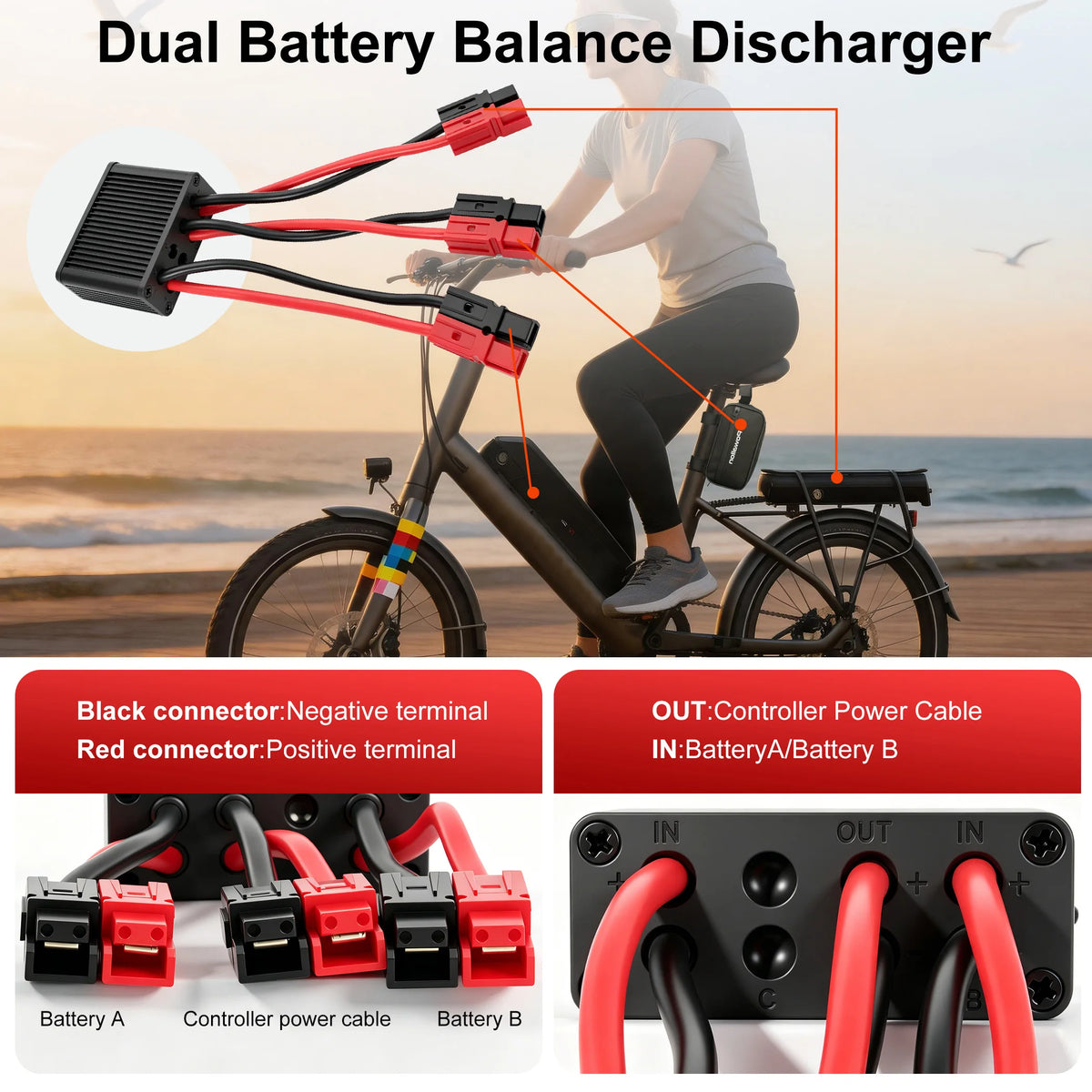 Mini Electric Bicycle Dual-Battery Discharge Converter Connection Adapter, Voltage Range 10 - 100V, Anderson/XT60/XT90 Connector