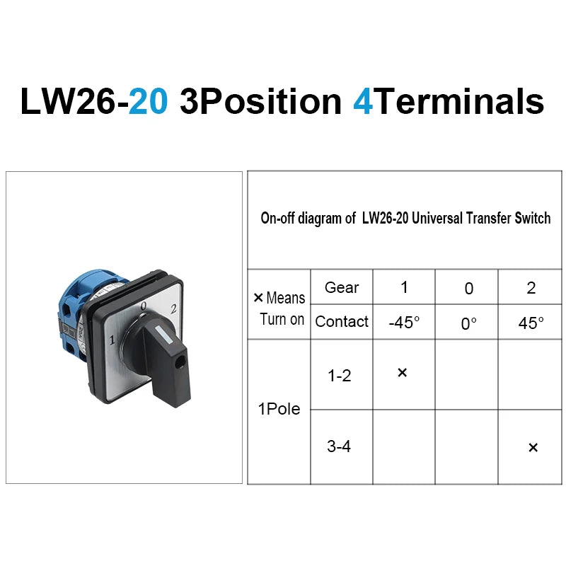 OMCH 1PCS Silver Contact LW26-20/32/63 Universal Switch 3 Position 1-0-2 1/2/3/4 Poles 440V 4/8/12/16Terminals Rotary Cam Switch