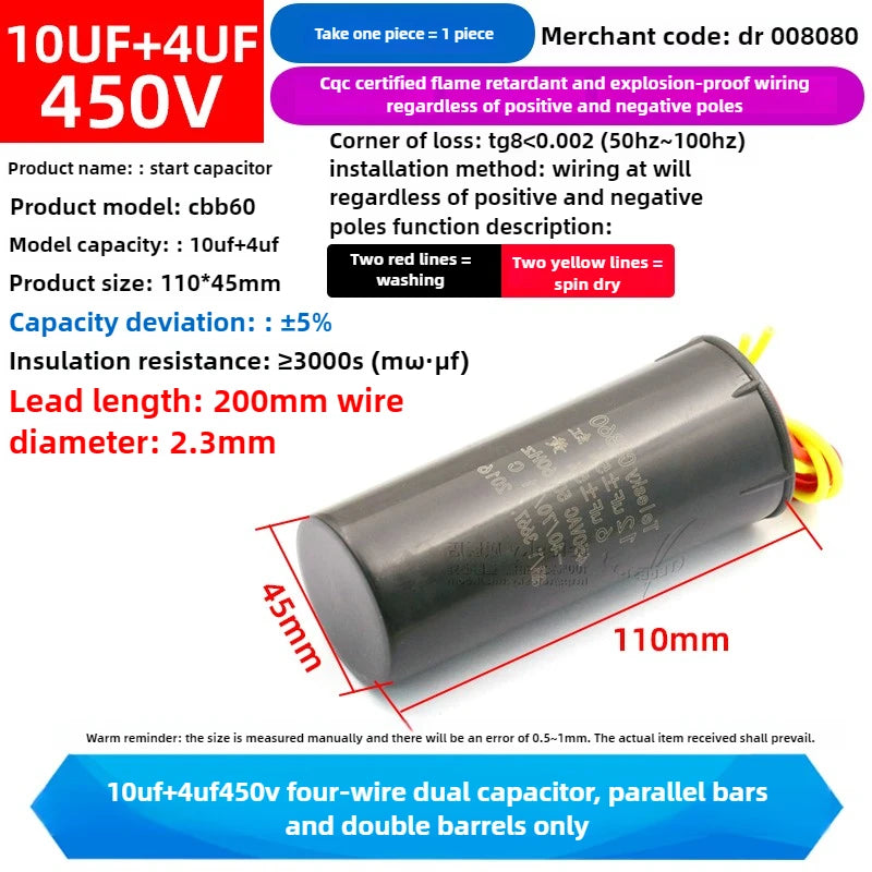 CBB60 Capacitor 450V AC Motor Run Capacitors 3/4/5/6/8/10/12/14/15/16/18/20/30/35/40/50/60/70UF for Washing Machine, Water Pump