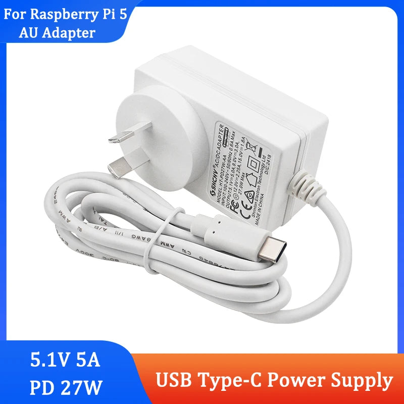Raspberry Pi 5 PD 27W Power Supply 5.1V 5A AU Plug for Australia New Zealand Power Adapter for RPI 5 / Orange Pi 5 Pro
