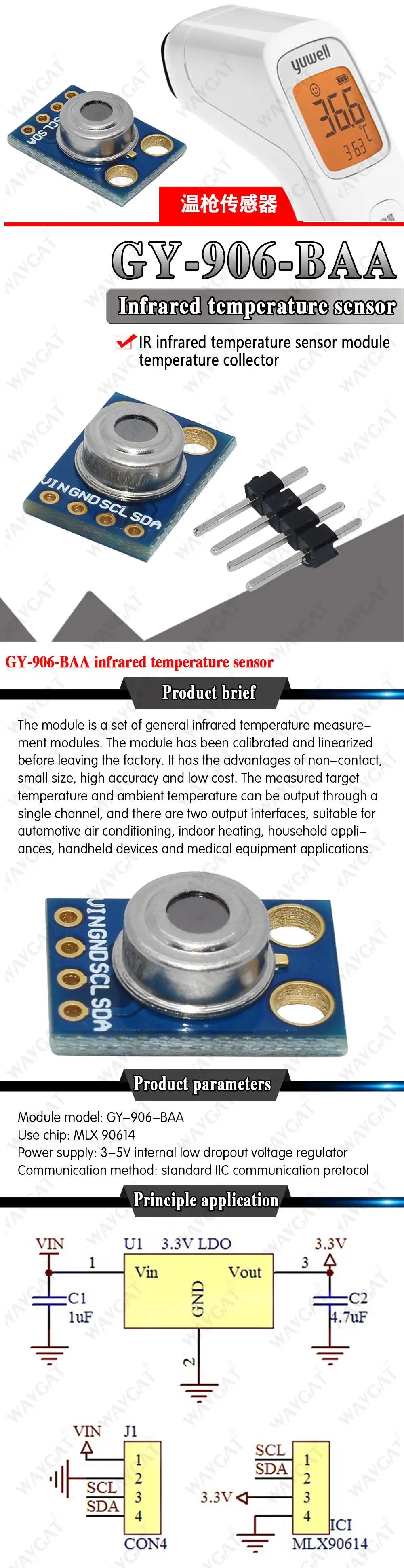 GY-906 MLX90614 MLX90614ESF non-contact Infrared Temperature Sensor Module IIC Interface IR Sensor Compatible for arduino