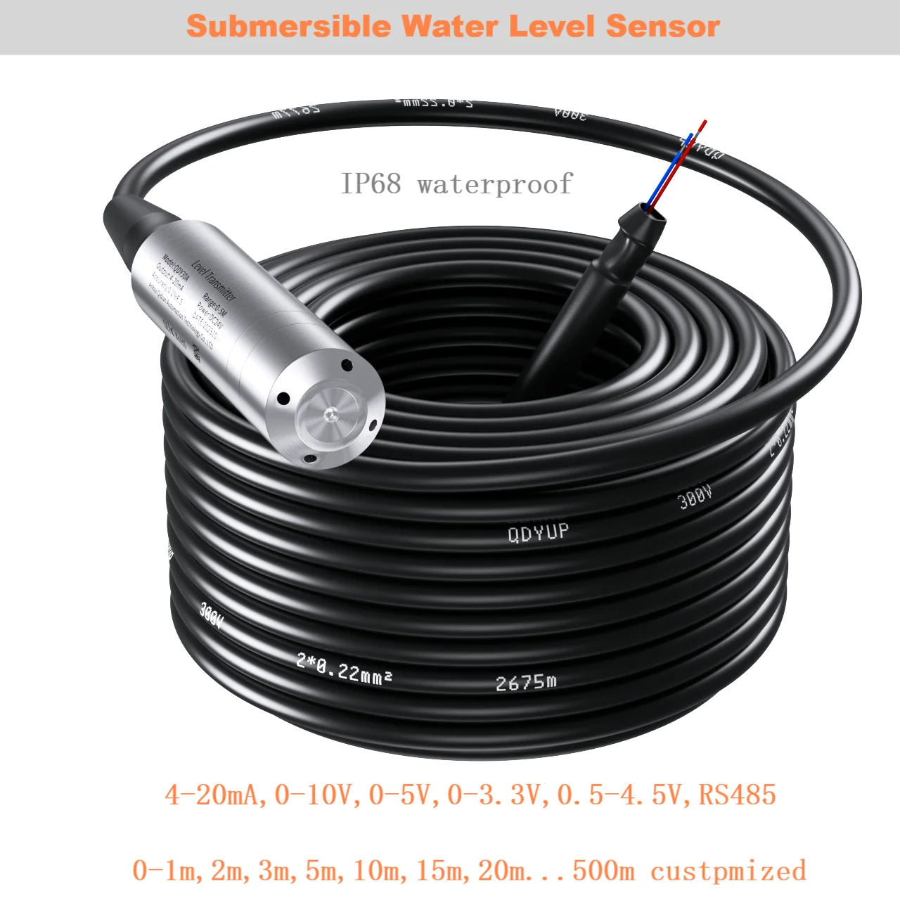 0-350m to 4-20mA RS485 Hydrostatic Liquid Level Transmitter 0-10V 0-3.3V 0.5-4.5V Output Water Pressure Level Sensor Probe