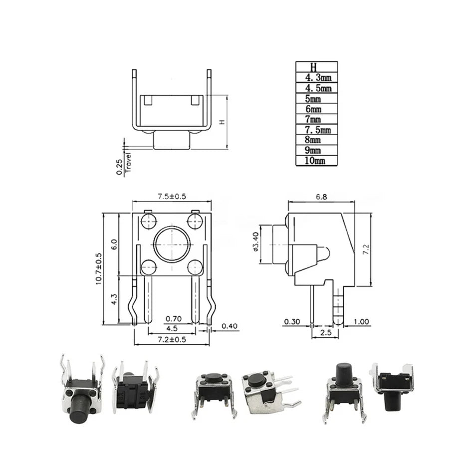20Pcs 6x6 Tactile Tact Push Button PCB Momentary Self-reset Switch 4Pin Right Angle With stent 6*6*4.3/5/6/7/8/9/10/11/12/13mm