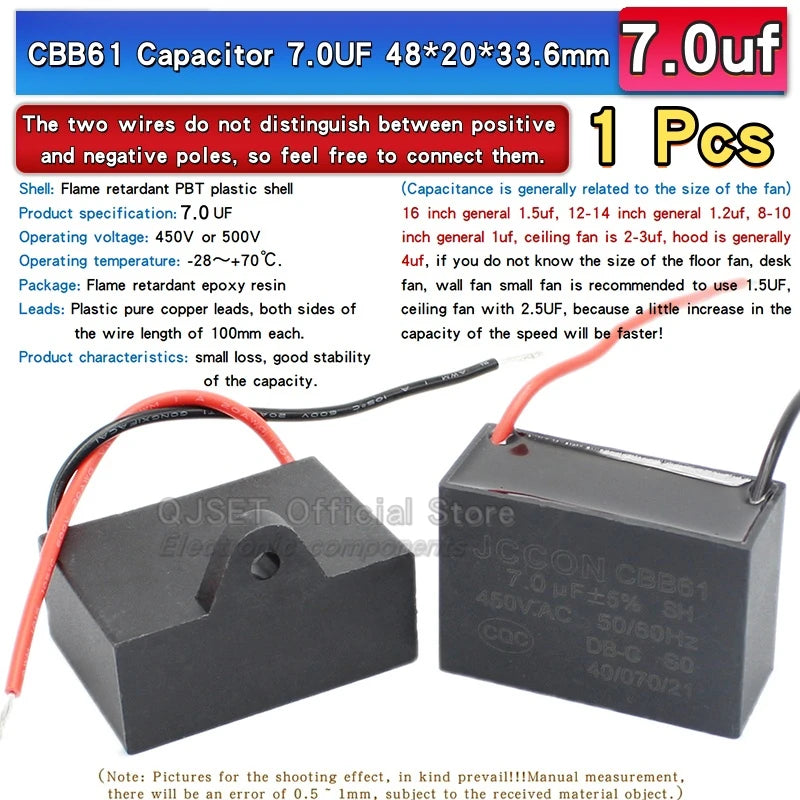 1pcs CBB61 Fan Starting Capacitor 450V 0.8/1/1.2/1.5/2/2.5/3/3.5/4/4.5/5/6/7/8/10/12/15/18/20UF Ceiling Fan Hood Motor Capacitor