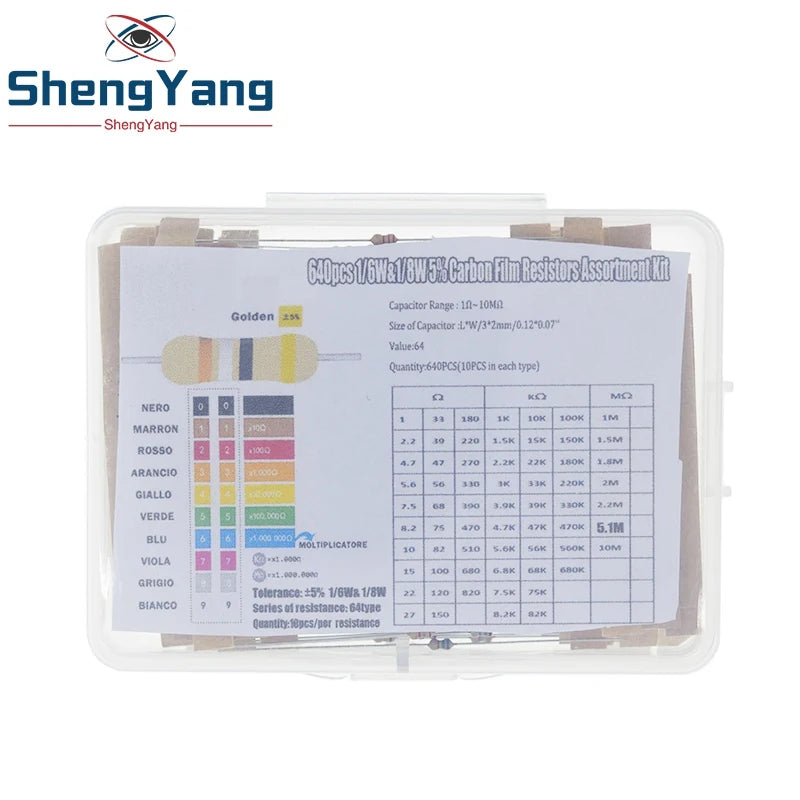 TZT 1/8W 5% 640pcs 64 Values 1R - 10MR 0.125W Carbon Film Resistors Assorted Kit Set