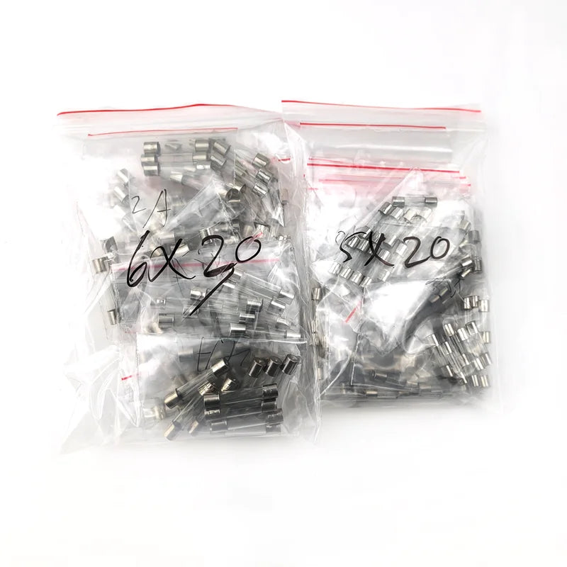 100Pcs Glass Fuse Assortment Kit, 10 Sizes (5x20mm & 6x30mm) 0.5A-20A 250V Fuse DIY Electronic Repair Component Set
